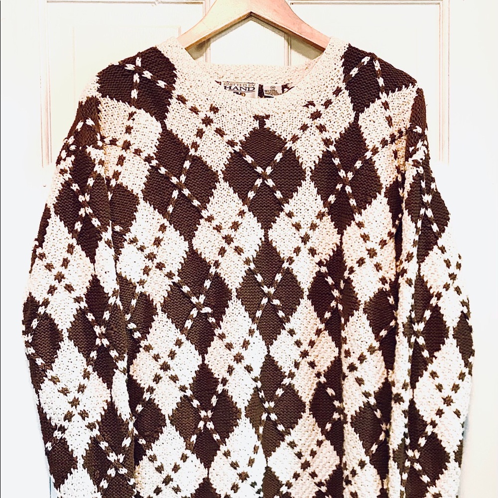 Vintage cottage Grandpa sweater knitted by hand geometric brown grandma